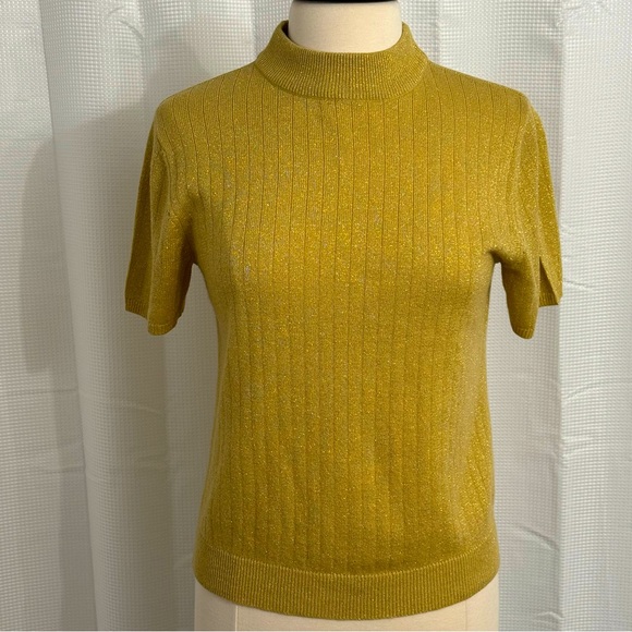Sag Harbor Sweaters - Sag Harbor Petite Womens Short Sleeve Pull-on Metallic Gold Ribbed Sweater, Sz S